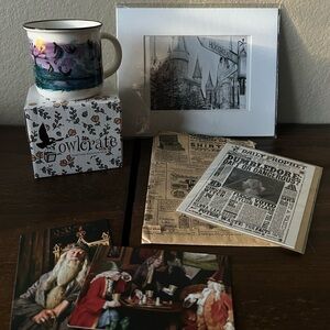 Harry Potter lot Owlcrate Mug Cara Kosik, Magnet, Card, and Hogsmeade Print